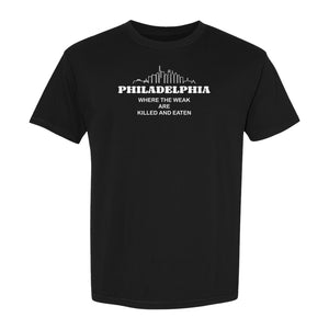 Philadelphia Skyline T-Shirt, Where the Weak Are Killed and Eaten Funny City Joke Design