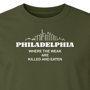 Philadelphia Skyline T-Shirt, Where the Weak Are Killed and Eaten Funny City Joke Design