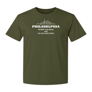 Philadelphia Skyline T-Shirt, Where the Weak Are Killed and Eaten Funny City Joke Design