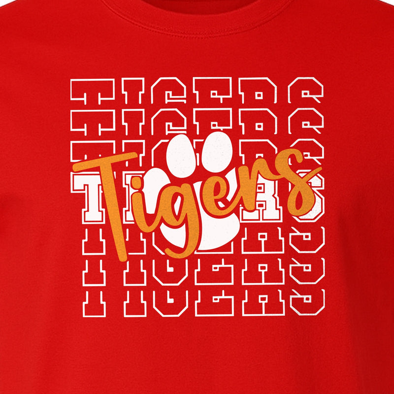 Tigers Mascot T-Shirt, Repeating Letter and Paw Print School Spirit Tee for Pep Rallies