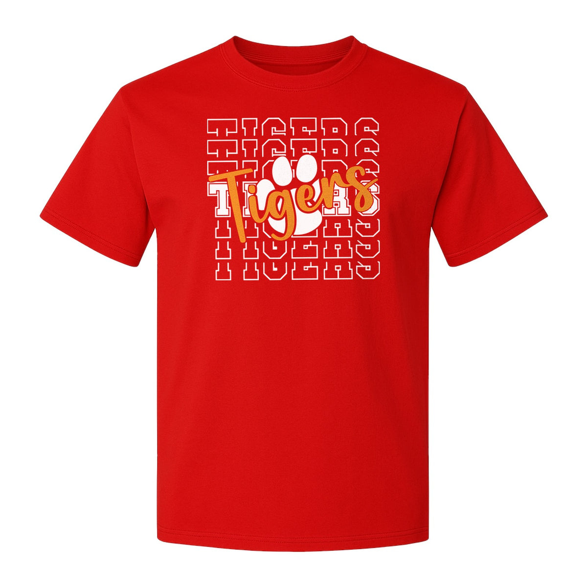 Tigers Mascot T-Shirt, Repeating Letter and Paw Print School Spirit Tee for Pep Rallies