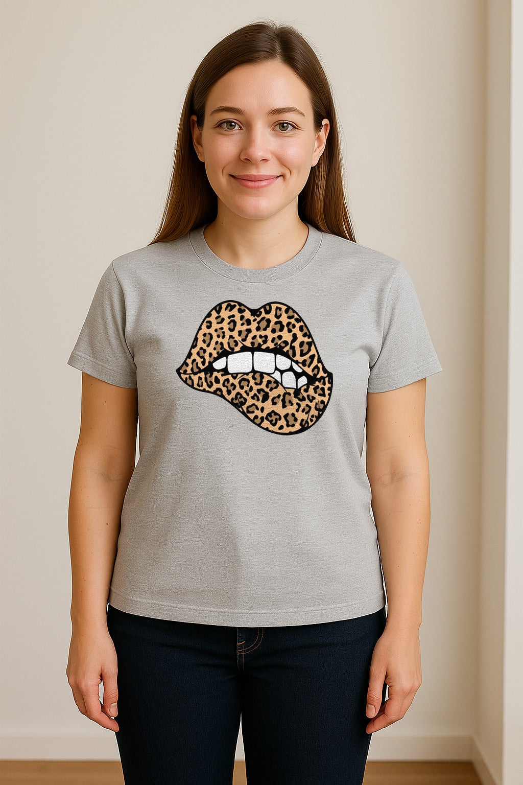 Leopard Lips T-Shirt, Biting Lip Animal Print Graphic Tee for Trendy Fashion Lovers
