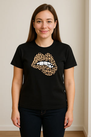 Leopard Lips T-Shirt, Biting Lip Animal Print Graphic Tee for Trendy Fashion Lovers