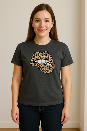 Leopard Lips T-Shirt, Biting Lip Animal Print Graphic Tee for Trendy Fashion Lovers