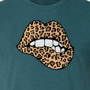 Leopard Lips T-Shirt, Biting Lip Animal Print Graphic Tee for Trendy Fashion Lovers
