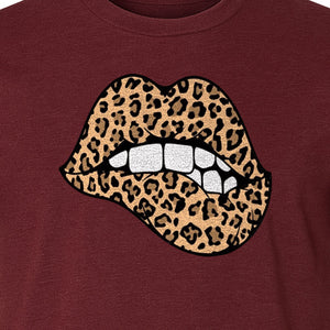Leopard Lips T-Shirt, Biting Lip Animal Print Graphic Tee for Trendy Fashion Lovers