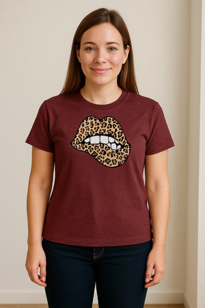 Leopard Lips T-Shirt, Biting Lip Animal Print Graphic Tee for Trendy Fashion Lovers