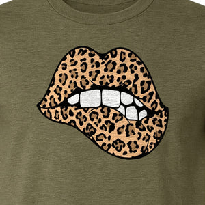 Leopard Lips T-Shirt, Biting Lip Animal Print Graphic Tee for Trendy Fashion Lovers