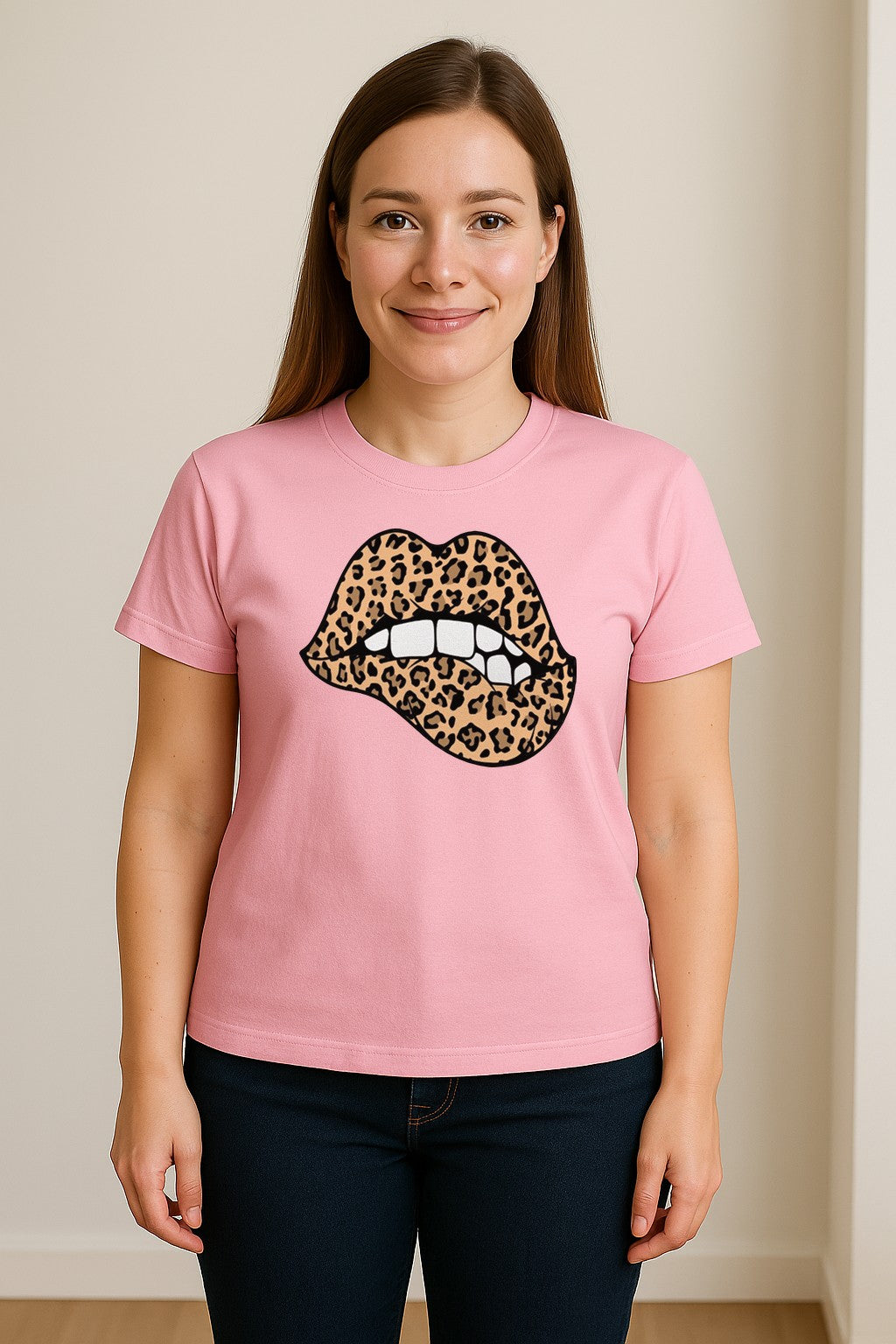 Leopard Lips T-Shirt, Biting Lip Animal Print Graphic Tee for Trendy Fashion Lovers