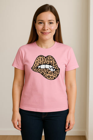 Leopard Lips T-Shirt, Biting Lip Animal Print Graphic Tee for Trendy Fashion Lovers