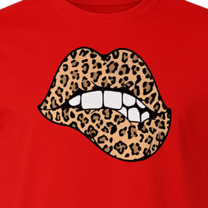 Leopard Lips T-Shirt, Biting Lip Animal Print Graphic Tee for Trendy Fashion Lovers