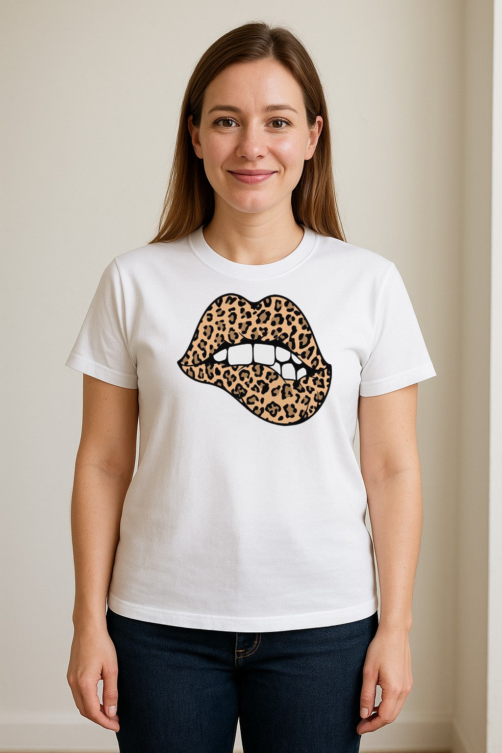 Leopard Lips T-Shirt, Biting Lip Animal Print Graphic Tee for Trendy Fashion Lovers
