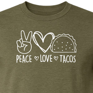 Peace Love Tacos T-Shirt, Mexican Food Graphic for Foodies and Cinco de Mayo Celebrations