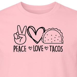 Peace Love Tacos T-Shirt, Mexican Food Graphic for Foodies and Cinco de Mayo Celebrations