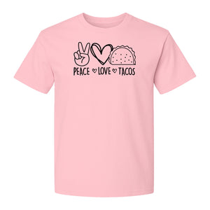 Peace Love Tacos T-Shirt, Mexican Food Graphic for Foodies and Cinco de Mayo Celebrations