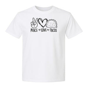 Peace Love Tacos T-Shirt, Mexican Food Graphic for Foodies and Cinco de Mayo Celebrations