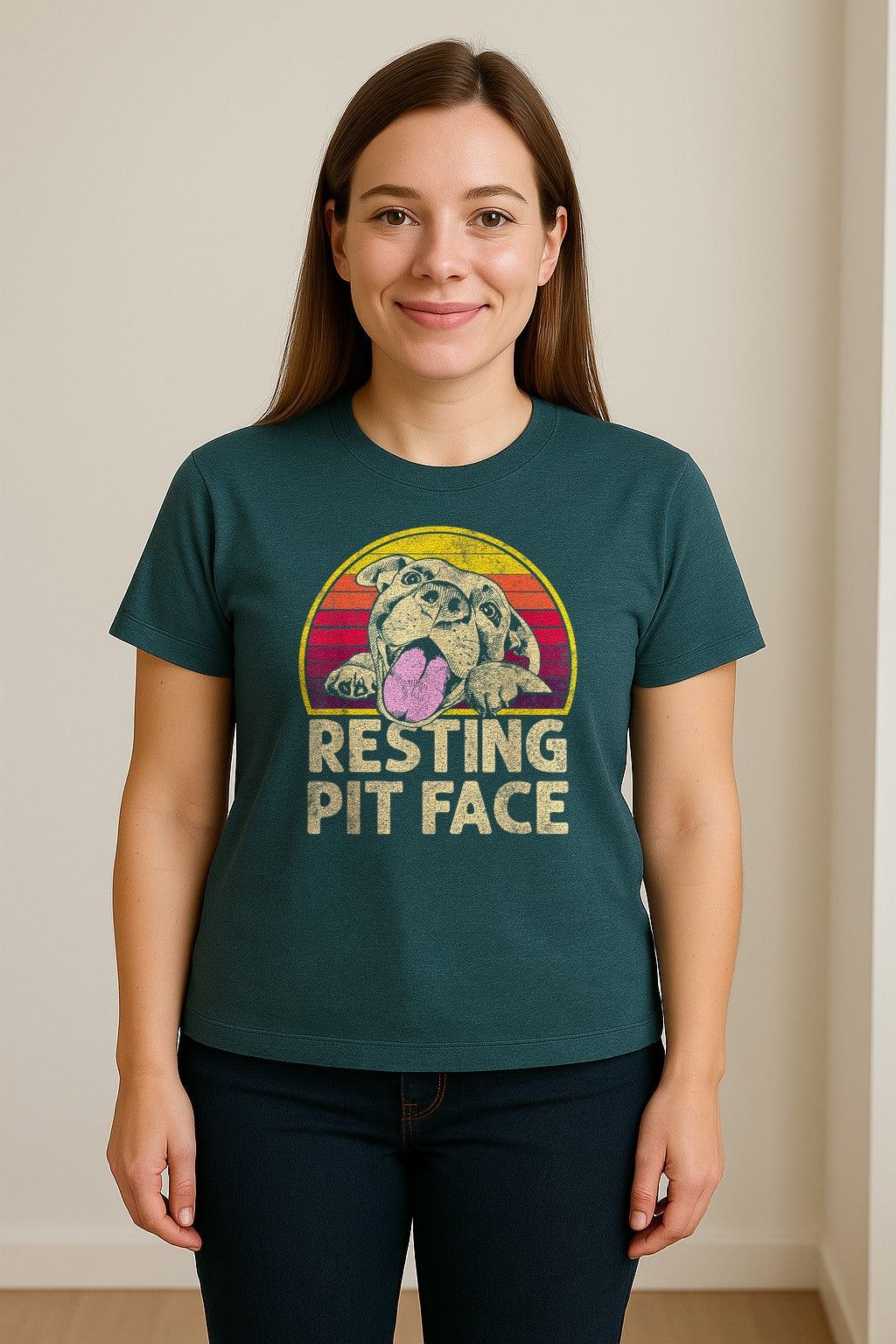 Pitbull T-Shirt, Resting Pit Face Retro Sunset Dog Graphic for Owners and Pet Parents