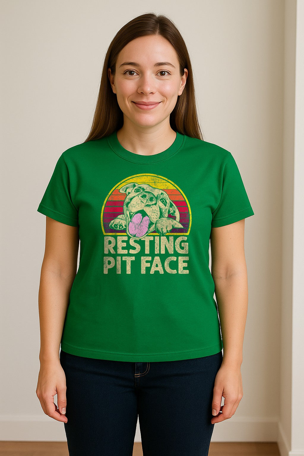 Pitbull T-Shirt, Resting Pit Face Retro Sunset Dog Graphic for Owners and Pet Parents