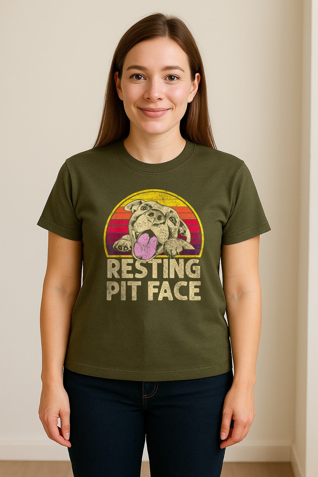 Pitbull T-Shirt, Resting Pit Face Retro Sunset Dog Graphic for Owners and Pet Parents