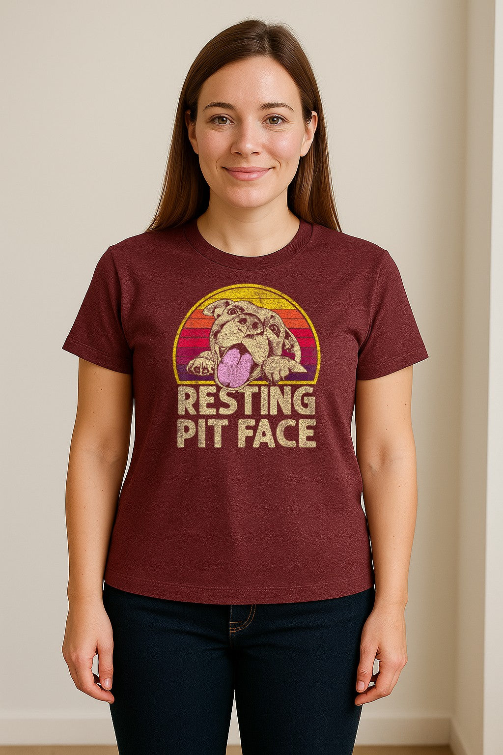 Pitbull T-Shirt, Resting Pit Face Retro Sunset Dog Graphic for Owners and Pet Parents