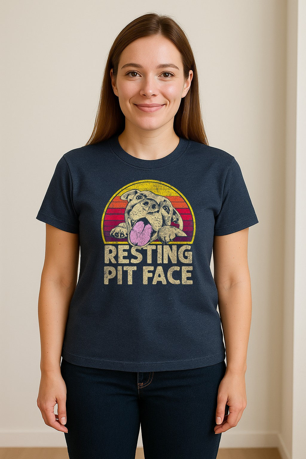 Pitbull T-Shirt, Resting Pit Face Retro Sunset Dog Graphic for Owners and Pet Parents