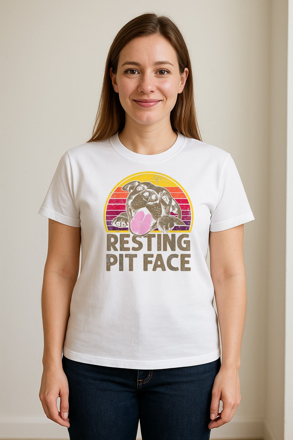 Pitbull T-Shirt, Resting Pit Face Retro Sunset Dog Graphic for Owners and Pet Parents