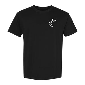 Bat Pocket T-Shirt, Minimal Flying Bats Graphic for Halloween and Spooky Season