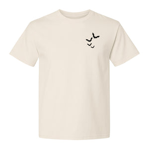 Bat Pocket T-Shirt, Minimal Flying Bats Graphic for Halloween and Spooky Season