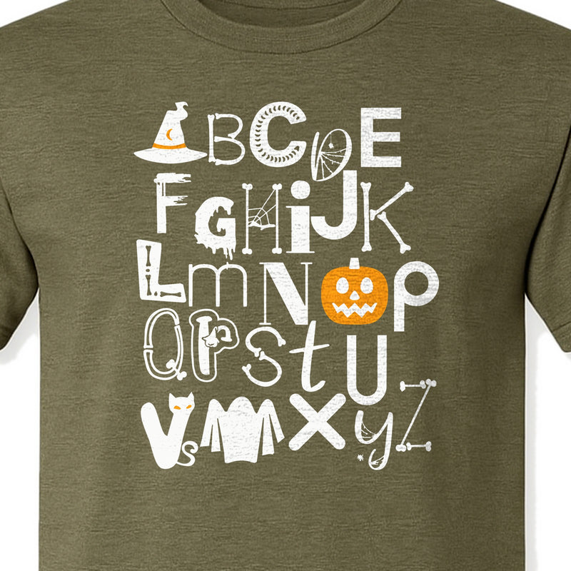 Halloween Alphabet Teacher T-Shirt, Spooky ABC Classroom Design for Educators