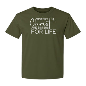 Sisters in Christ Faith T-Shirt, Cross Lettering Christian Graphic for Church Groups and Bible Study Friends