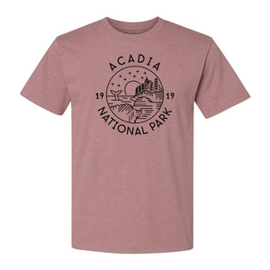 Acadia National Park T-Shirt, 1919 Mountain Landscape Graphic for Maine Hiking and Camping Trips