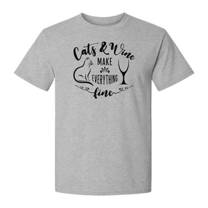 Cat and Wine T-Shirt, Everything Fine Graphic for Kitty Moms and Girls Night