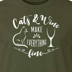 Cat and Wine T-Shirt, Everything Fine Graphic for Kitty Moms and Girls Night