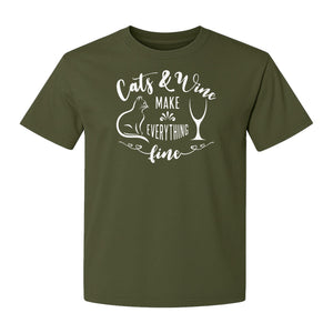 Cat and Wine T-Shirt, Everything Fine Graphic for Kitty Moms and Girls Night