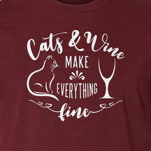 Cat and Wine T-Shirt, Everything Fine Graphic for Kitty Moms and Girls Night