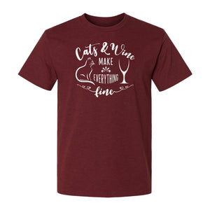 Cat and Wine T-Shirt, Everything Fine Graphic for Kitty Moms and Girls Night