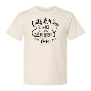 Cat and Wine T-Shirt, Everything Fine Graphic for Kitty Moms and Girls Night