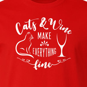 Cat and Wine T-Shirt, Everything Fine Graphic for Kitty Moms and Girls Night