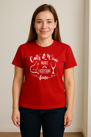 Cat and Wine T-Shirt, Everything Fine Graphic for Kitty Moms and Girls Night