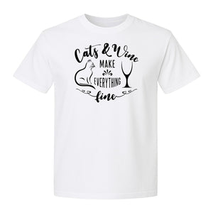 Cat and Wine T-Shirt, Everything Fine Graphic for Kitty Moms and Girls Night