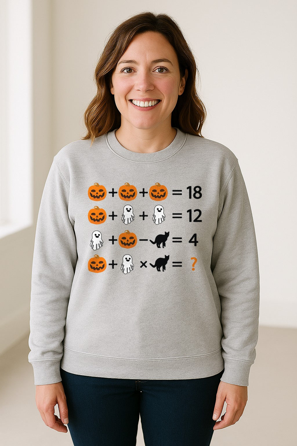 Halloween Math Teacher Sweatshirt, Pumpkin Ghost Cat Equation Puzzle Crewneck for Classroom Fun