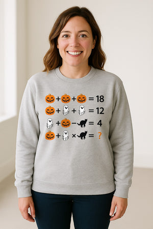 Halloween Math Teacher Sweatshirt, Pumpkin Ghost Cat Equation Puzzle Crewneck for Classroom Fun