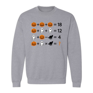 Halloween Math Teacher Sweatshirt, Pumpkin Ghost Cat Equation Puzzle Crewneck for Classroom Fun