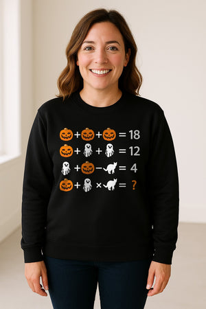 Halloween Math Teacher Sweatshirt, Pumpkin Ghost Cat Equation Puzzle Crewneck for Classroom Fun