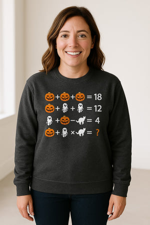 Halloween Math Teacher Sweatshirt, Pumpkin Ghost Cat Equation Puzzle Crewneck for Classroom Fun