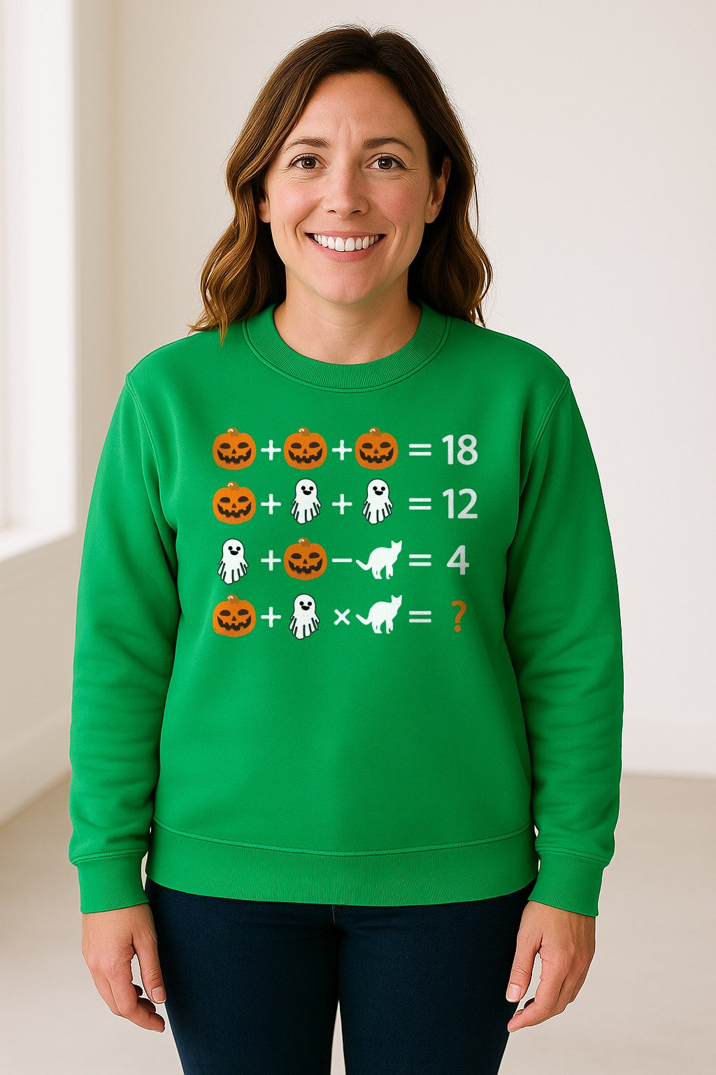 Halloween Math Teacher Sweatshirt, Pumpkin Ghost Cat Equation Puzzle Crewneck for Classroom Fun