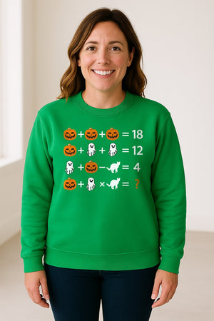 Halloween Math Teacher Sweatshirt, Pumpkin Ghost Cat Equation Puzzle Crewneck for Classroom Fun