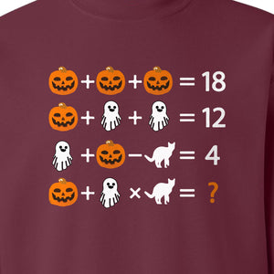 Halloween Math Teacher Sweatshirt, Pumpkin Ghost Cat Equation Puzzle Crewneck for Classroom Fun