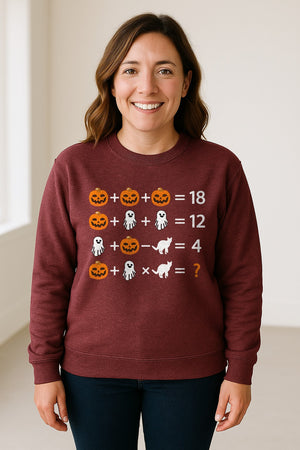 Halloween Math Teacher Sweatshirt, Pumpkin Ghost Cat Equation Puzzle Crewneck for Classroom Fun
