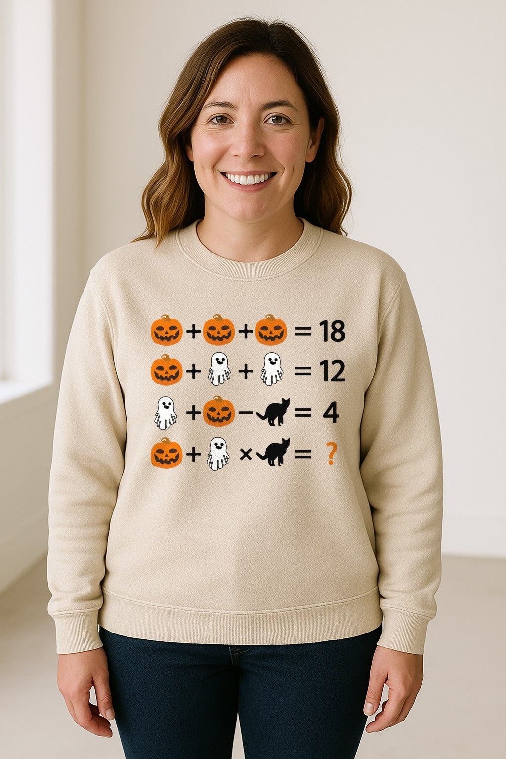 Halloween Math Teacher Sweatshirt, Pumpkin Ghost Cat Equation Puzzle Crewneck for Classroom Fun